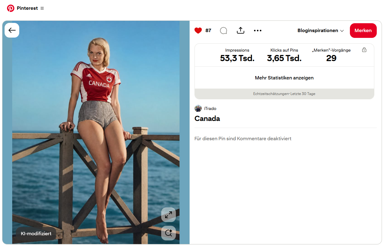 KI-modifizierte Pinterest-Interpretation der historischen Pin-up-Ansichtskarte mit Canada-Trikot